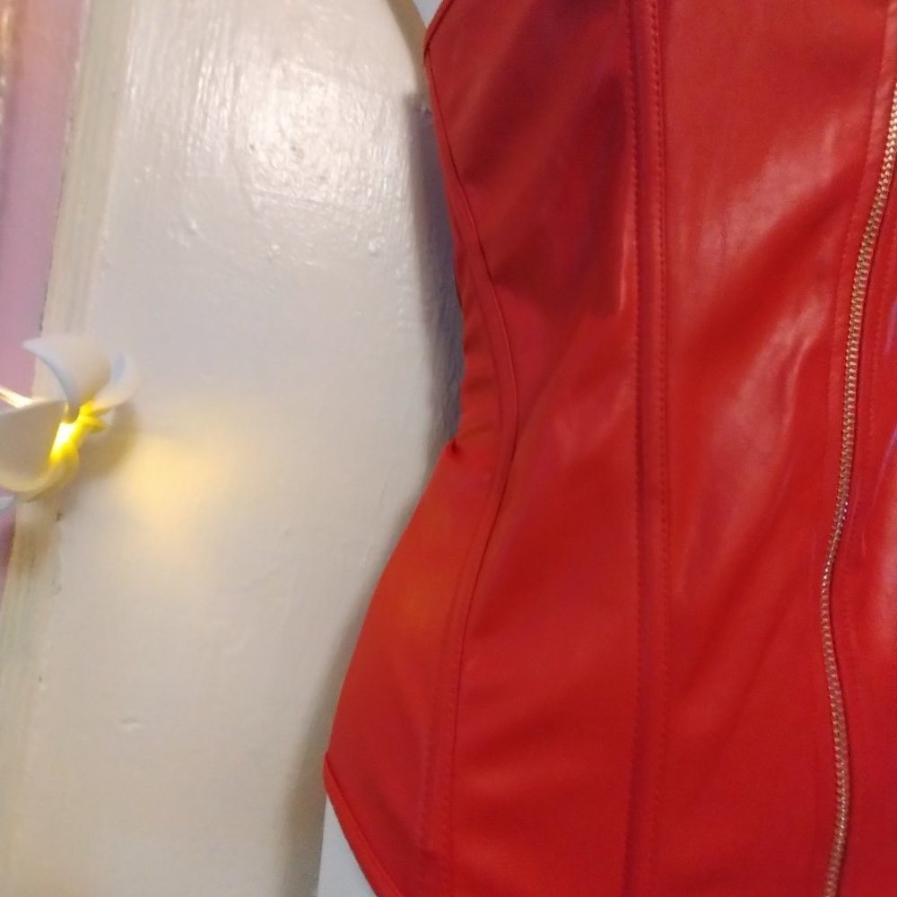 Sexy (6XL) Red Devil Faux Leather Corset and Glitzy Feather Trimmed Acessories - Picture 9 of 9